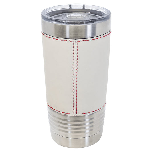 white leatherette baseball tumbler red stitching