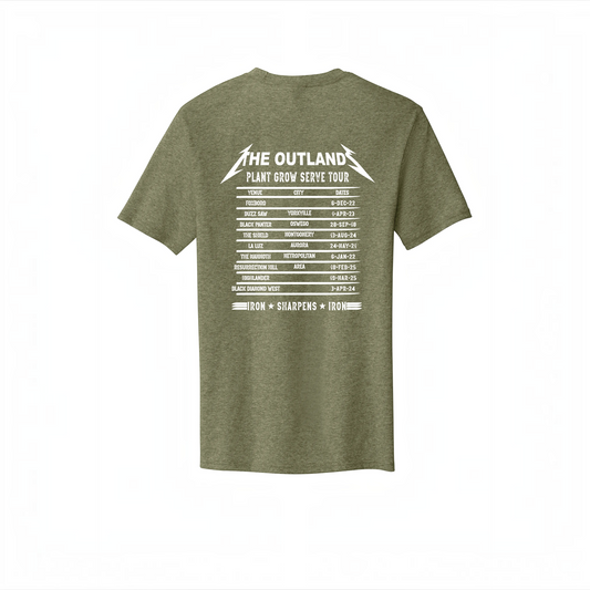 LZeeDoodle Designs olive green crew neck t-shirt featuring a white The Outlands tour schedule graphic on the back.