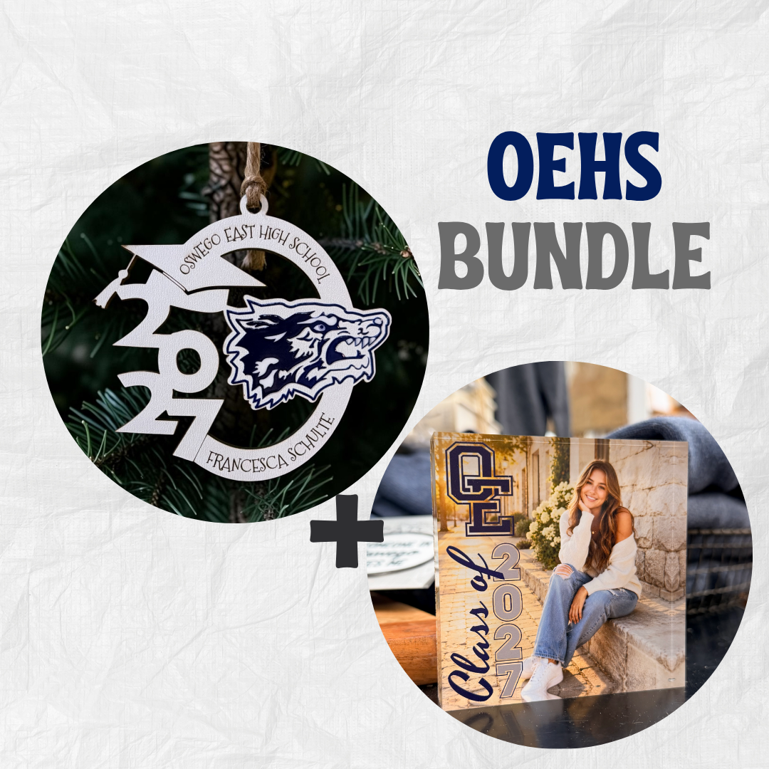A promotional collage for an OEHS bundle showing two circular product previews on a crumpled white paper background: a silver and blue school ornament with the text 'OSWEGO EAST HIGH SCHOOL' and a personalized photo acrylic block preview with a woman seated beside it. Large text reads 'OEHS BUNDLE' with a plus sign between the items.