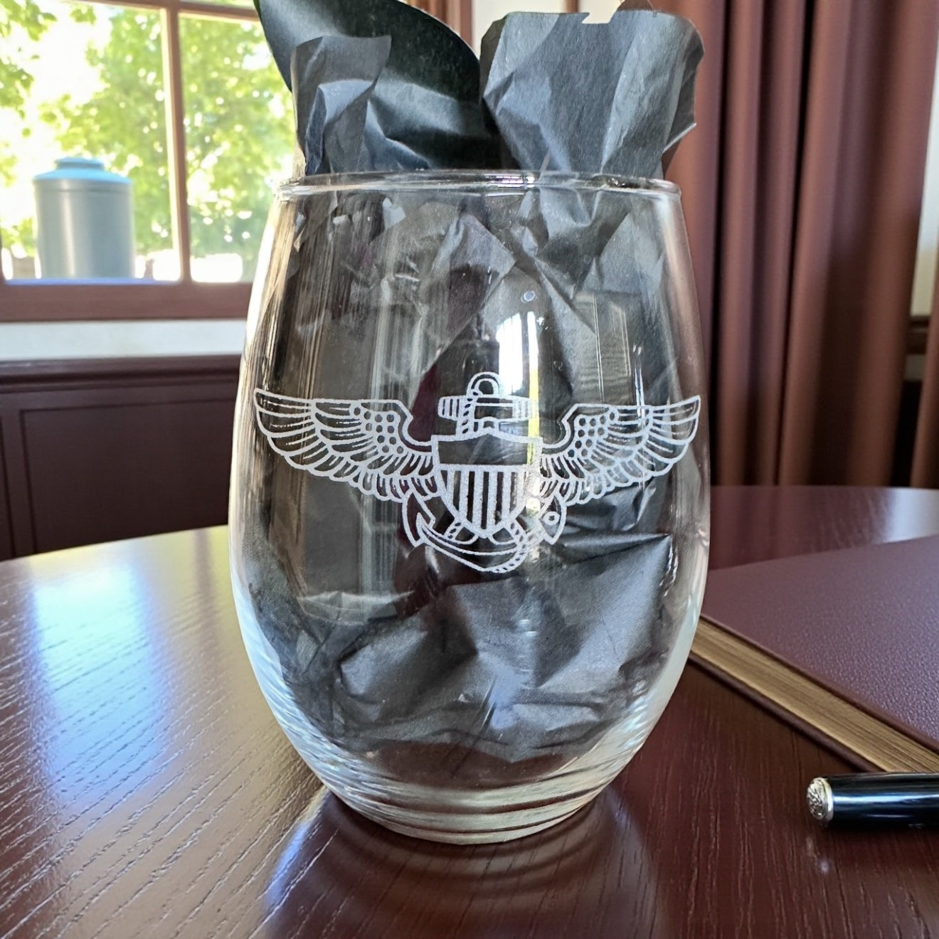Stemless Wine Glass Engraved  - Naval/Marine Aviator Wings