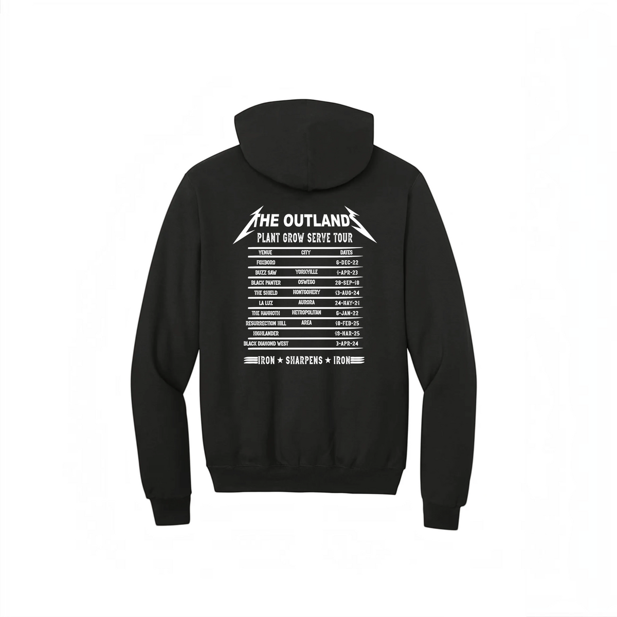 LZeeDoodle Designs black Champion pullover hoodie featuring a white graphic print of a fictional tour schedule on back