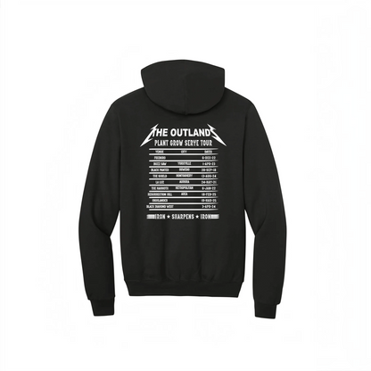 LZeeDoodle Designs black Champion pullover hoodie featuring a white graphic print of a fictional tour schedule on back