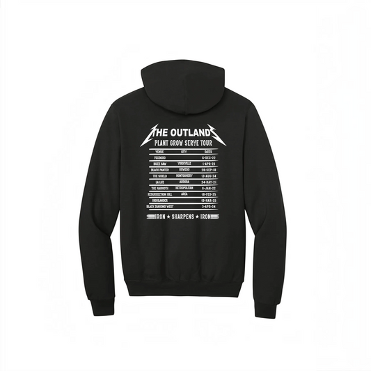 LZeeDoodle Designs black Champion pullover hoodie featuring a white graphic print of a fictional tour schedule on back