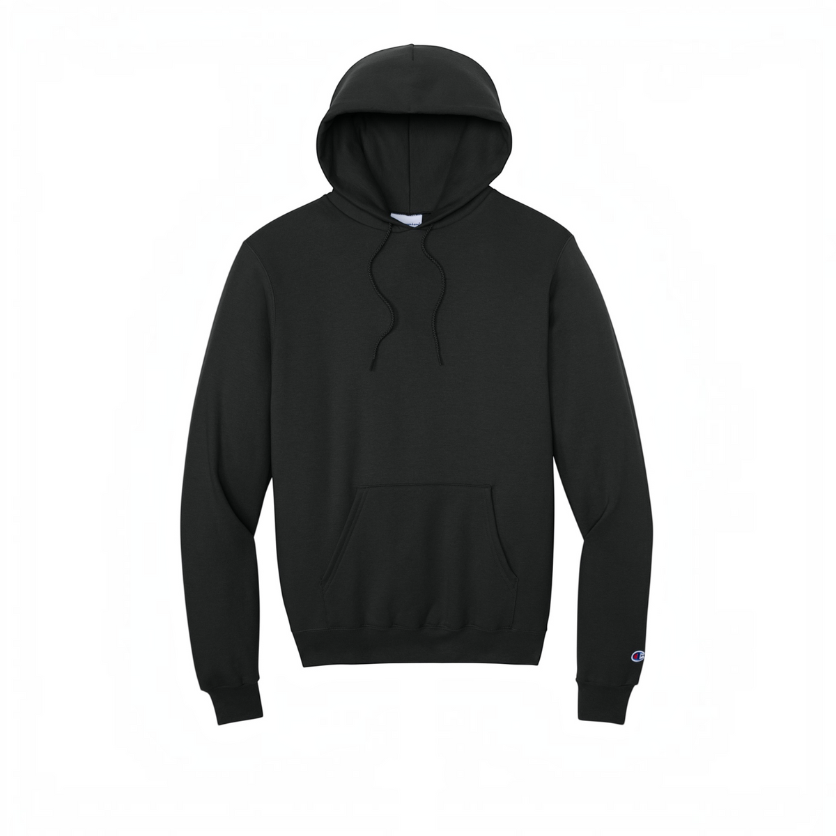 LZeeDoodle Designs black Champion pullover hooded sweatshirt with front kangaroo pocket and logo on sleeve