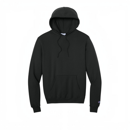 LZeeDoodle Designs black Champion pullover hooded sweatshirt with front kangaroo pocket and logo on sleeve