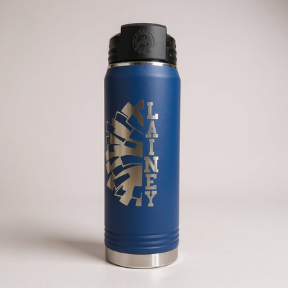 LZeeDoodle Designs 20oz blue stainless steel water bottle with personalized engraved cheer design and name Lainey
