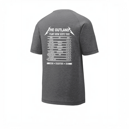 LZeeDoodle Designs charcoal grey performance crewneck athletic t-shirt with white The Outlands tour graphic on back