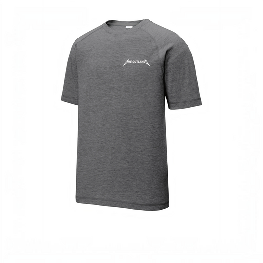 LZeeDoodle Designs grey performance crewneck athletic t-shirt with The Outland logo on the chest