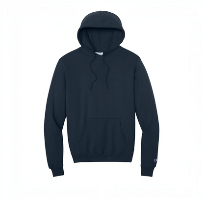 LZeeDoodle Designs navy blue pullover hoodie with a kangaroo pocket, adjustable hood, and sleeve logo detail.