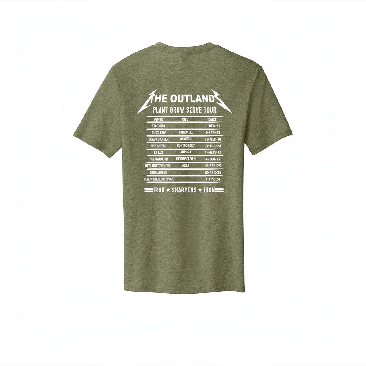 LZeeDoodle Designs olive green crew neck t-shirt featuring a white The Outlands tour schedule graphic on the back.