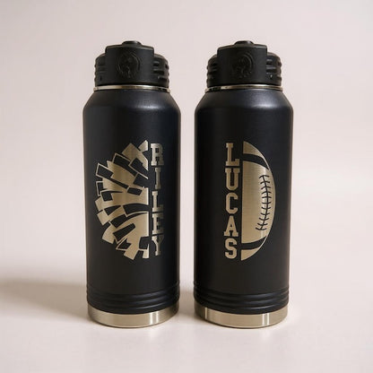 Two LZeeDoodle Designs 20oz black stainless steel water bottles with personalized cheer and football engravings.