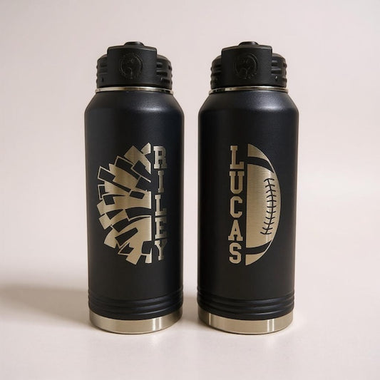 Two LZeeDoodle Designs 20oz black stainless steel water bottles with personalized cheer and football engravings.