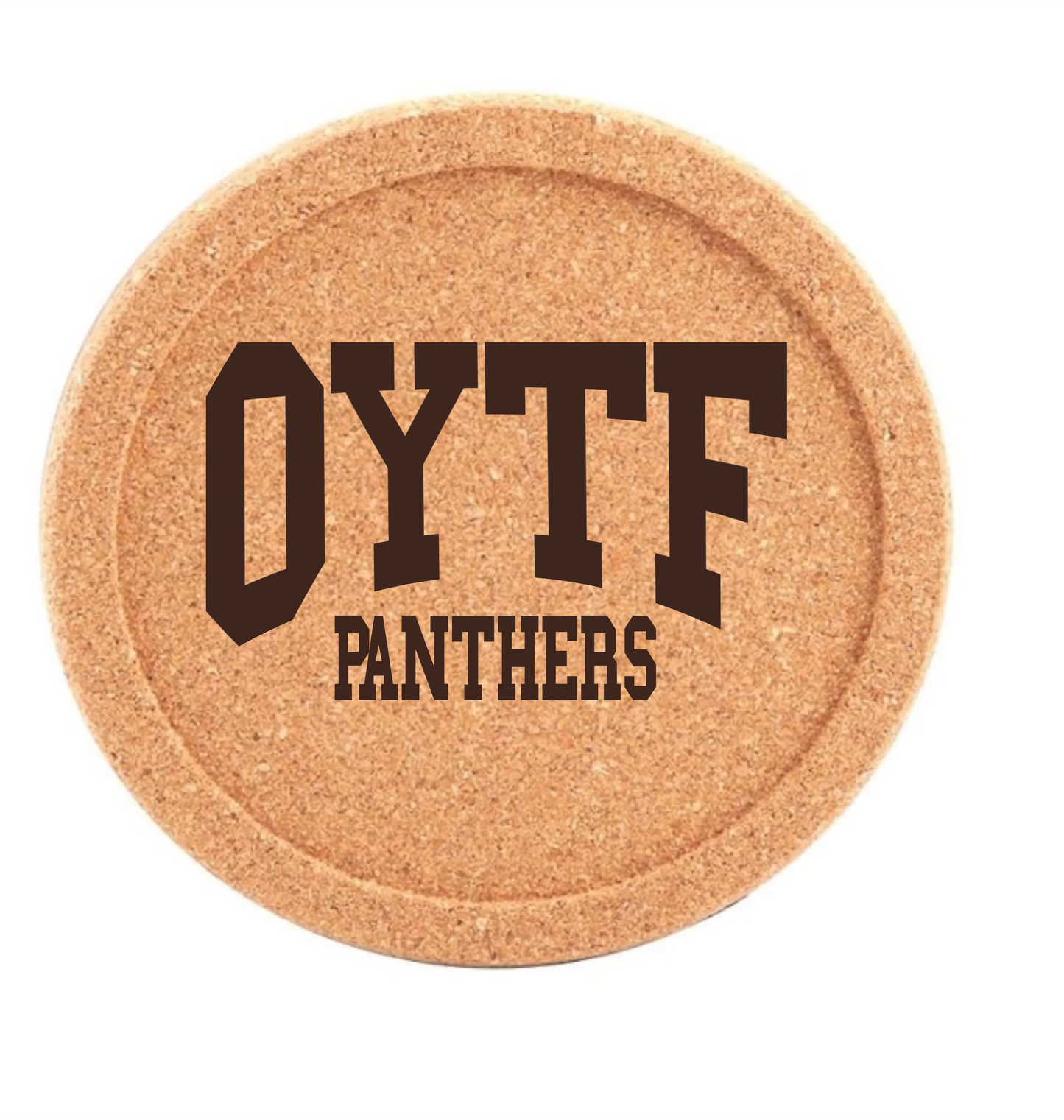 LZeeDoodle Designs round natural cork drink coaster featuring a brown collegiate OYTF Panthers graphic print
