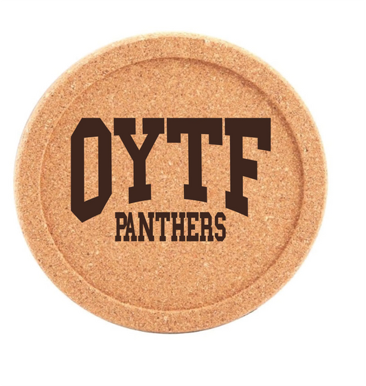 LZeeDoodle Designs round natural cork drink coaster featuring a brown collegiate OYTF Panthers graphic print
