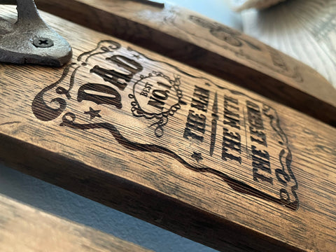 Laser-engraved Bottle Openers made from whiskey barrel staves
