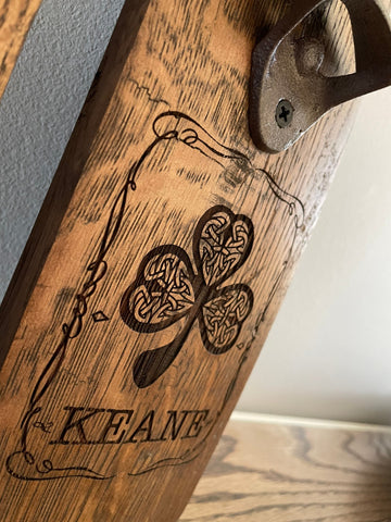 Laser-engraved Bottle Openers made from whiskey barrel staves