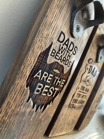 Laser-engraved Bottle Openers made from whiskey barrel staves