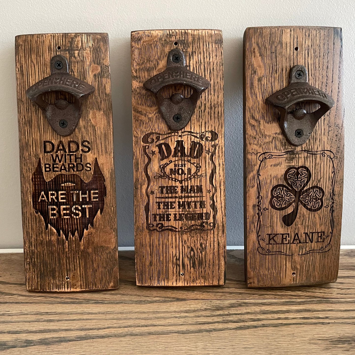 Laser-engraved Bottle Openers made from whiskey barrel staves