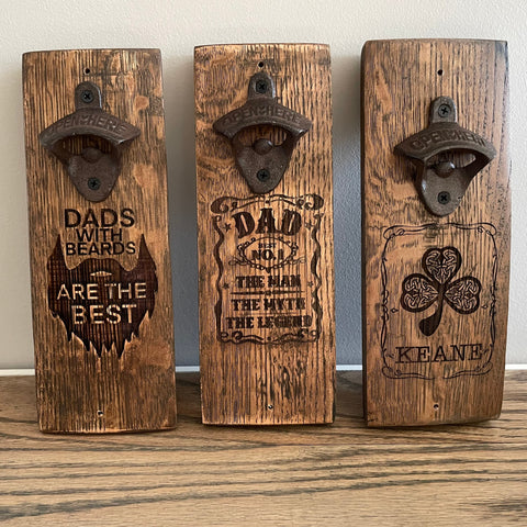 Laser-engraved Bottle Openers made from whiskey barrel staves